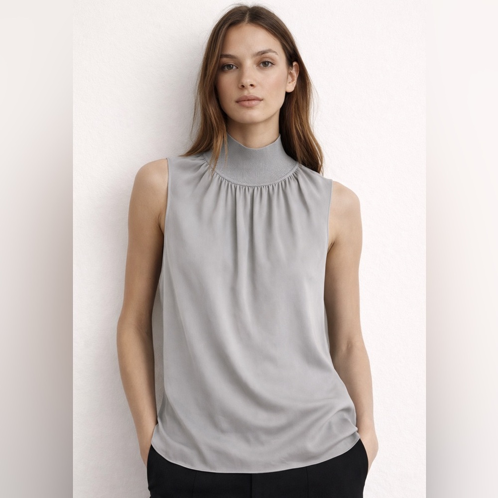Theory Silk Mock Neck Sleeveless Blouse Gray Minimalist Top Size Medium